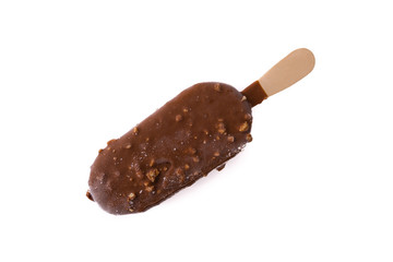 Chocolate popsicle Ice cream isolated on white background with selective focus and crop fragment
