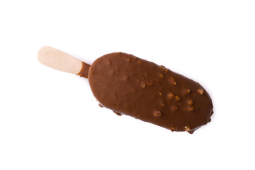 Chocolate popsicle Ice cream isolated on white background with selective focus and crop fragment