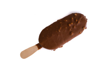 Chocolate popsicle Ice cream isolated on white background with selective focus and crop fragment