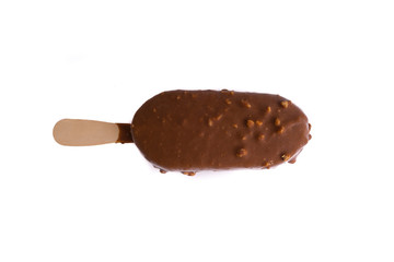 Chocolate popsicle Ice cream isolated on white background with selective focus and crop fragment
