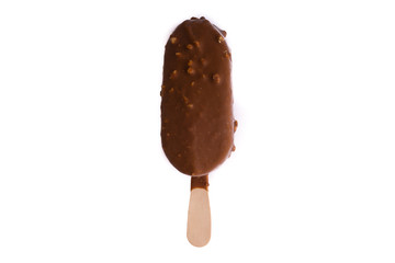 Chocolate popsicle Ice cream isolated on white background with selective focus and crop fragment