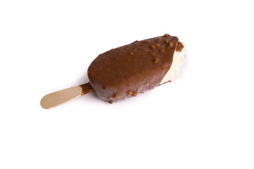 Chocolate popsicle Ice cream isolated on white background with selective focus and crop fragment