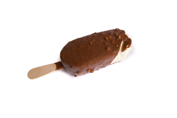 Chocolate popsicle Ice cream isolated on white background with selective focus and crop fragment