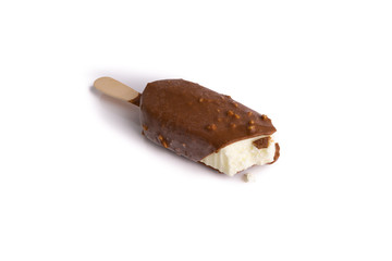 Chocolate popsicle Ice cream isolated on white background with selective focus and crop fragment