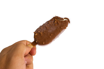 Chocolate popsicle Ice cream isolated on white background with selective focus and crop fragment