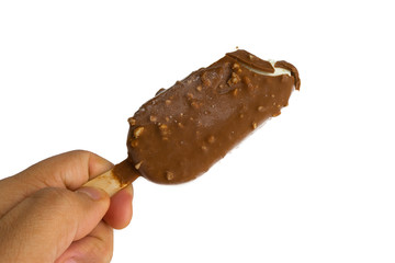 Chocolate popsicle Ice cream isolated on white background with selective focus and crop fragment