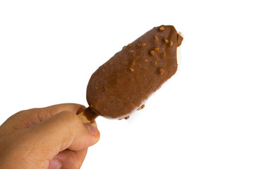 Chocolate popsicle Ice cream isolated on white background with selective focus and crop fragment
