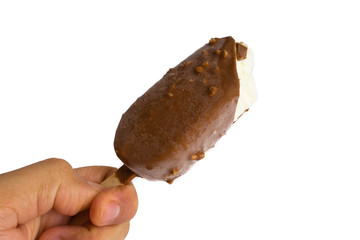 Chocolate popsicle Ice cream isolated on white background with selective focus and crop fragment