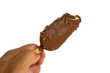 Chocolate popsicle Ice cream isolated on white background with selective focus and crop fragment
