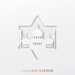 Ramadan vector background. Effect of the cut paper five-pointed star with mosques with text of Ramadan Kareem. Creative design greeting card, banner, poster. Traditional Islamic holy holiday