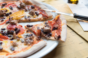 Neapolitan pizza sausage with peppers and mushrooms