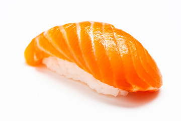 Sushi, Salmon, Japanese food chopsticks and wasabi with withe plate isolated