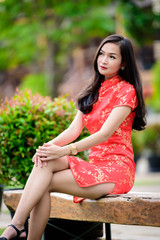 Naklejka premium Portrait of Asian Chinese and Thai girl with Happy Chinese New Year concept.