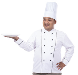 portrait of chef hold plate with hand while smile face