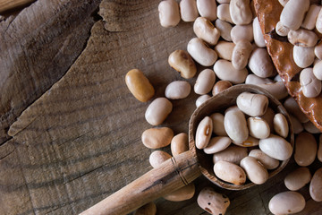 top view of white bean seeds inside a wood spoon