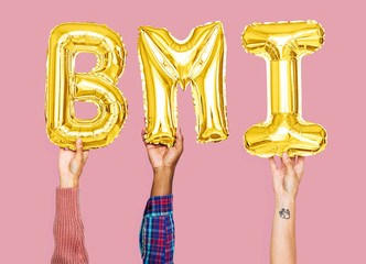 Hands holding BMI word in balloon letters