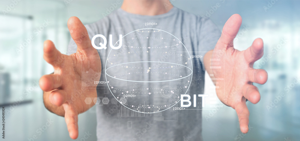 Poster businessman holding quantum computing concept with qubit icon 3d rendering