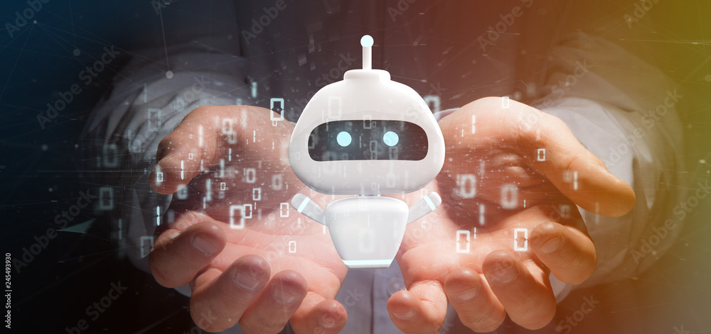 Poster businessman holding chatbot with binary code 3d rendering