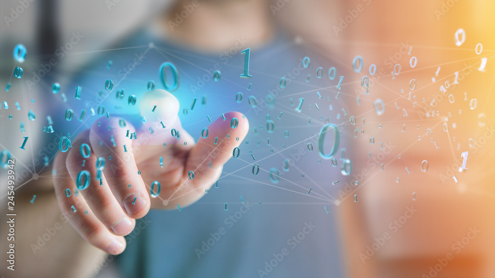 Poster network connection of data with 0 and 1 number - 3d render