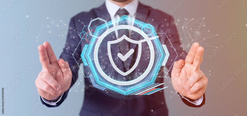 Poster man holding a shield web security concept 3d rendering
