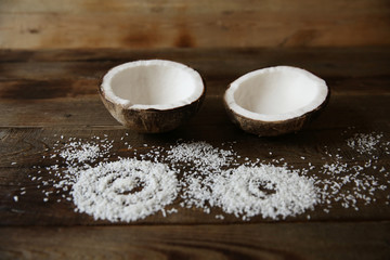 coconut halves with coconut chips for beauty and spa with copy space for text