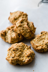 Homemade Salty Yogurt Cookies with Rolled Oats / Salted Pastries on Marble Surface.
