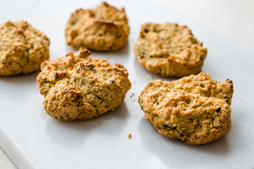 Homemade Salty Yogurt Cookies with Rolled Oats / Salted Pastries on Marble Surface.