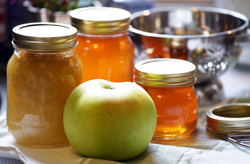 Bottled jam of the table of the kitchen