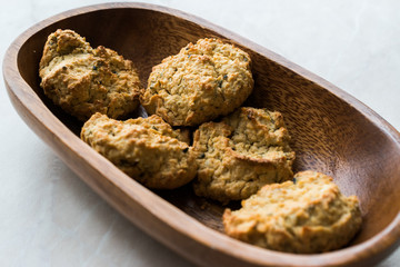 Homemade Salty Yogurt Cookies with Rolled Oats / Salted Pastries in Wooden Bowl.