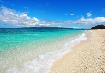 Beautiful Puka beach and blue sky at Boracay Island, Philippines.