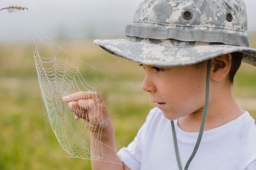 A little boy on the field is looking closely at a spider's web at sunrise in the fog. Young...