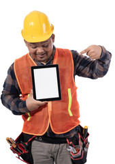 portrait of constructor showing new concept on tablet with finger pointing