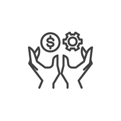 Hands holding gear and money line icon. linear style sign for mobile concept and web design. Making money outline vector icon. Symbol, logo illustration. Pixel perfect vector graphics