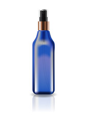 Blank blue cosmetic square bottle with pressed spray head for beauty or healthy product. Isolated on white background with reflection shadow. Ready to use for package design. Vector illustration.