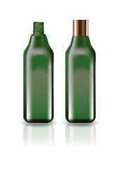 Blank green cosmetic square bottle with screw lid for beauty or healthy product. Isolated on white background with reflection shadow. Ready to use for package design. Vector illustration.