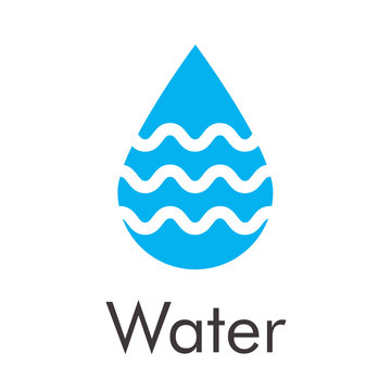 Logotipo abstracto con texto Water con gota azul con lineas onduladas en espacio negativo