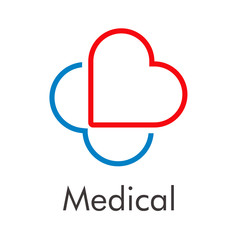 Logotipo abstracto con texto Medical con 2 corazones lineales formando una cruz en azul y rojo © teracreonte