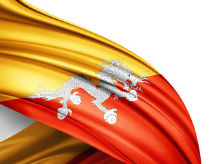 Bhutan flag of silk with copyspace for your text or images and white background-3D illustration