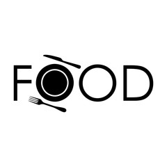 Logotipo con texto FOOD con icono de plato y cubiertos en color negro