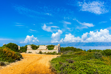 Greece, Zakynthos, Hike trail to old ruins at north cape skinari with wide view to kefalonia island