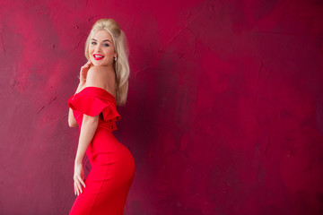 Lady in red classical fashionable midi dress, woman elegant fashion , Portrait of elegantly dressed gorgeous romantic woman with red lips