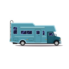 Camping trailer family caravan. Traveler truck camper outline icon in thin line design. Vector flat vacation RV illustration isolated on white background