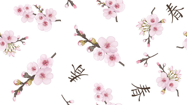 Handmade Seamless pattern in oriental style. The idea of fabric, invitations, packaging, cards. Magenta on white fond. Spring pattern of sakura flowers.