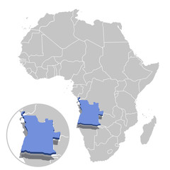 Vector illustration of Angola in blue on the grey model of Africa map with zooming replica of country