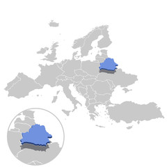Vector illustration of Belarus in blue on the grey model of Europe map with zooming replica of country.