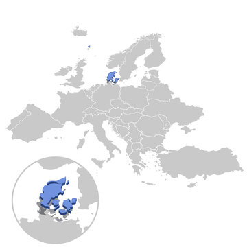 Vector illustration of Denmark in blue on the grey model of Europe map with zooming replica of country.