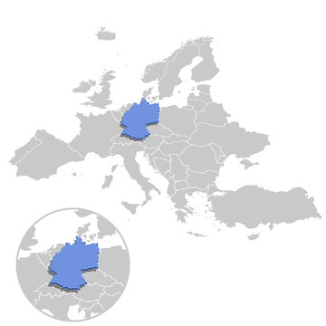 Vector illustration of Germany in blue on the grey model of Europe map with zooming replica of country.