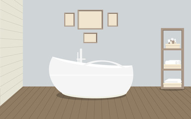 Provencal style bathroom with a fashionable bath with handle, a rack for towels and cosmetics, paintings on the wall. Wooden planks on the floor and a light blue wall. Vector illustration