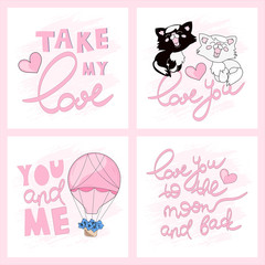 VALENTINE CARDS Greeting Cartoon Vector Illustration Set for Print, Fabric and Decoration.