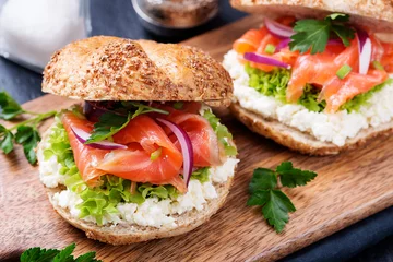 Papier Peint photo Lavable Snack Smoked Salmon Sandwich with cream cheese for breakfast .